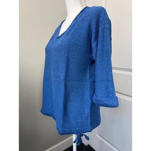 DKNY Jeans Womens Sequin V-Neck Sweater XL Blue Light Soft Comfortable - Picture 3 of 11